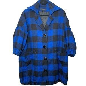 Nine West Plaid Jacket Sz XS Blue Black Wool Blend Oversized Coat Retro 50 Cabin